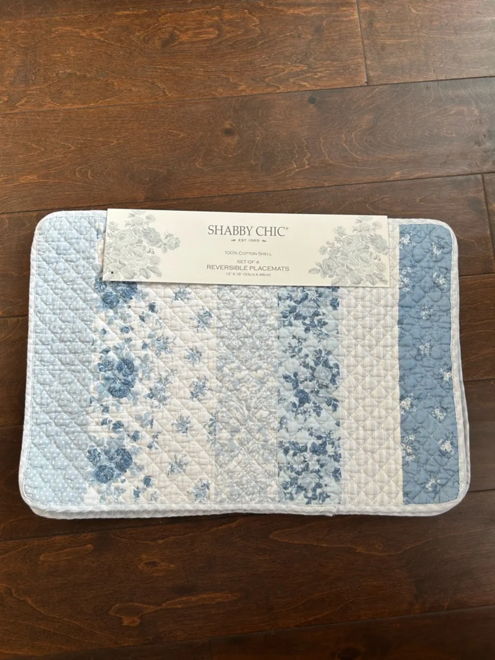 Shabby Chic 4 Scalloped Quilted Blue White Placemats New Floral Striped